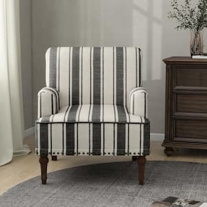 Modern Black Striped Linen Fabric Upholstered Accent Armchair With Wooden Legs(Set of 1)