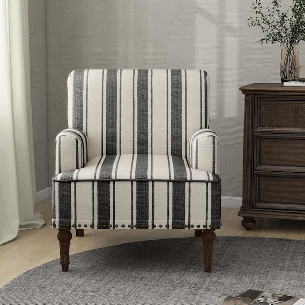 Uixe Modern Black Striped Linen Fabric Upholstered Accent Armchair With Wooden Legs(Set of 1)