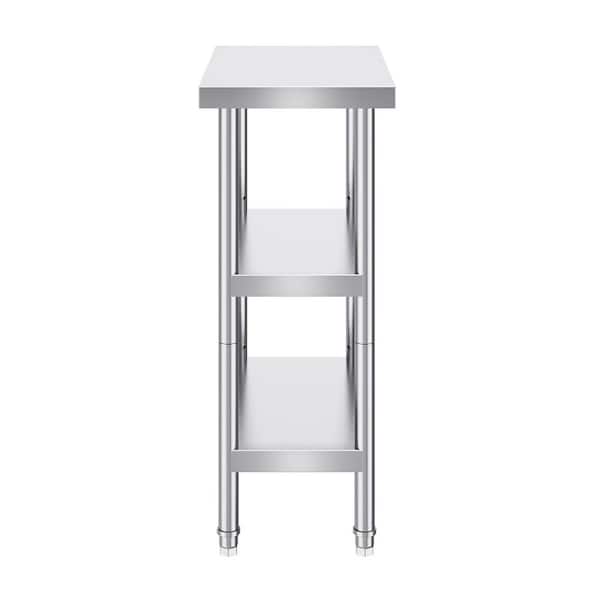 SKYSHALO Stainless Steel Food Prep Table, 14 x 24 x 34 In. Commercial Kitchen Worktable, with 2 Adjustable Undershelf, Silver