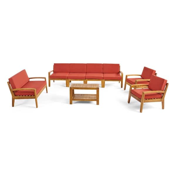 Noble House Grenada 8-Piece Wood Patio Conversation Set with Red Cushions