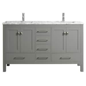 London 60 in. W x 18 in. D x 34 in. H Double Bathroom Vanity in Gray with White Carrara Marble Top with White Sinks