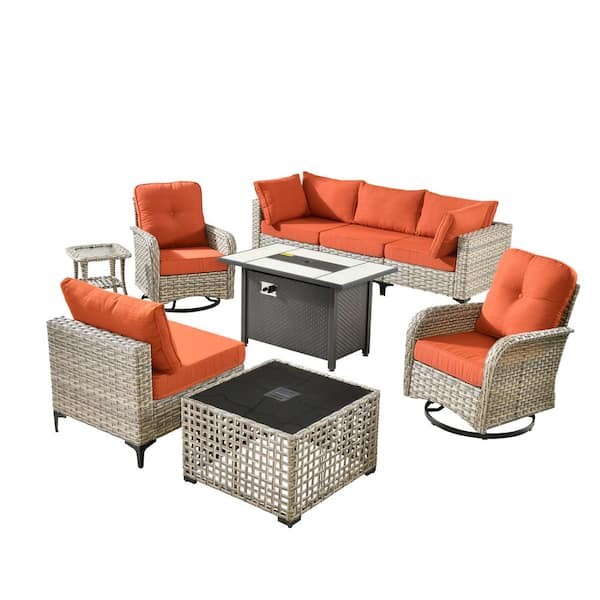 Holston 9-Piece Wicker Modern Outdoor Patio Fire Pit Conversation Sofa Set with Swivel Chairs and Orange Red Cushions