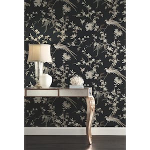 Ronald Redding Black Bird and Blossom Chinoserie Paper Unpasted Matte Wallpaper (27 in. x 27 ft.)