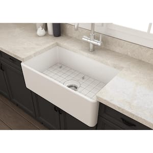 30 in. Farmhouse/Apron-Front Single Bowl White Fireclay Kitchen Sink with Bottom Grid