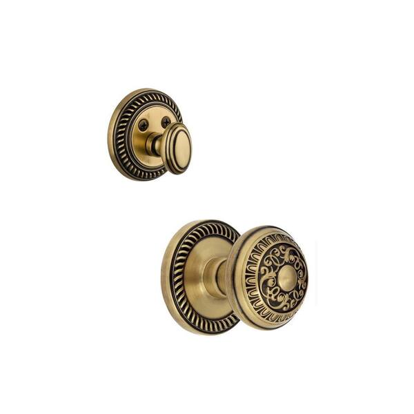 Grandeur Newport Single Cylinder Vintage Brass Combo Pack Keyed Differently with Windsor Knob and Matching Deadbolt