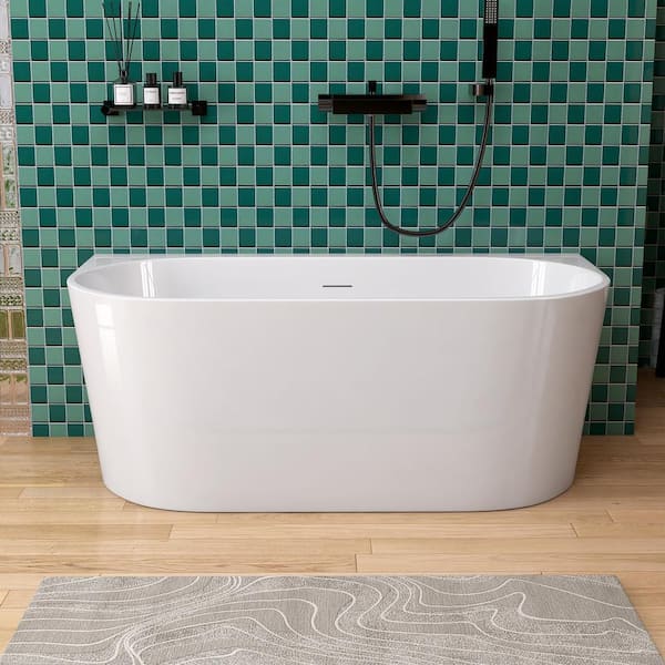 59 in. x 29.5 in. Acrylic Flatbottom Soaking Tub Freestanding Back to Wall Bathtub with Anti-clogging Drain in White