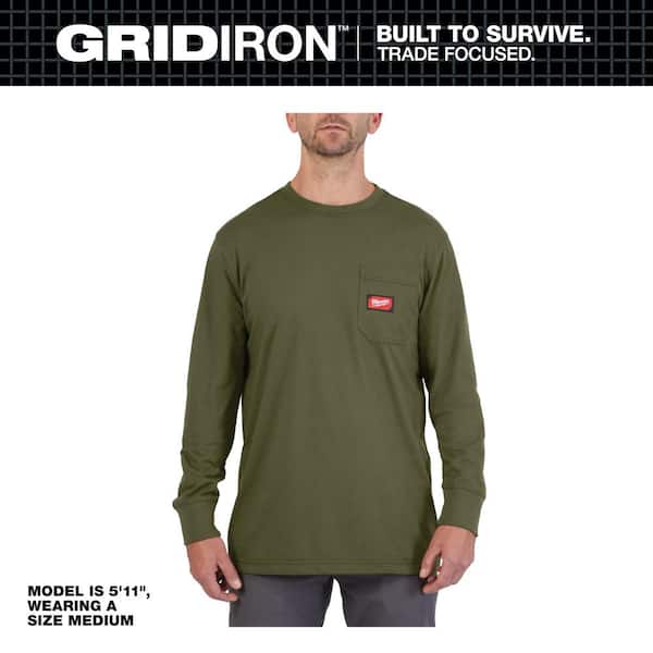 Milwaukee Men's 2X-Large Green GRIDIRON Cotton/Polyester Long-Sleeve Pocket T-Shirt