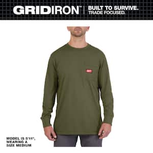 Men's Medium Green GRIDIRON Cotton/Polyester Long-Sleeve Pocket T-Shirt