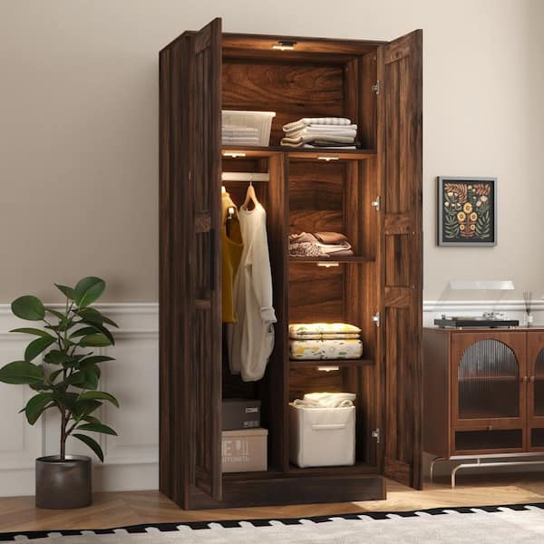 31.50 in. W x 18.31 in. D x 68.90 in. H Brown MDF Wardrobe Linen Cabinet with LED and 4 Storage Shelves