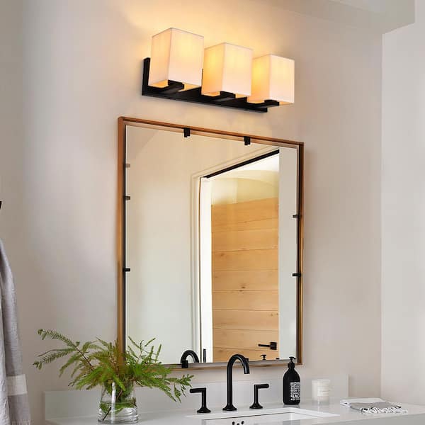Modern 20.5 in. 3 Light Black Bathroom Vanity Light with White Rectangular Fabric Shade