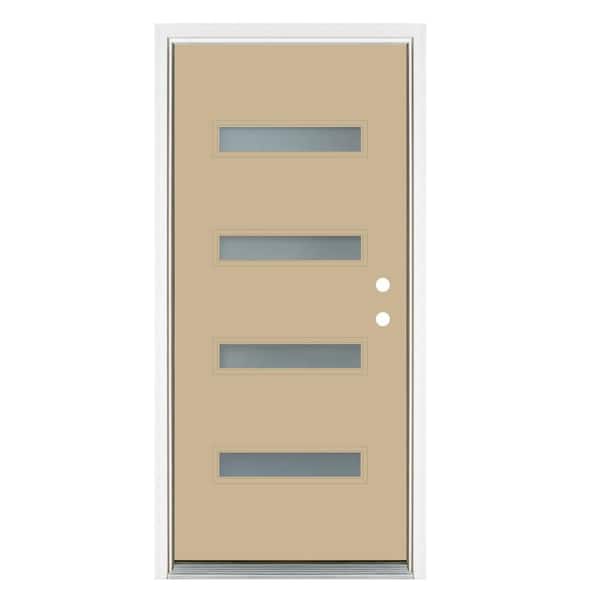 36 in. x 80 in. Smooth Latte Left-Hand Inswing 4-Lite Frosted Painted Fiberglass Prehung Front Door