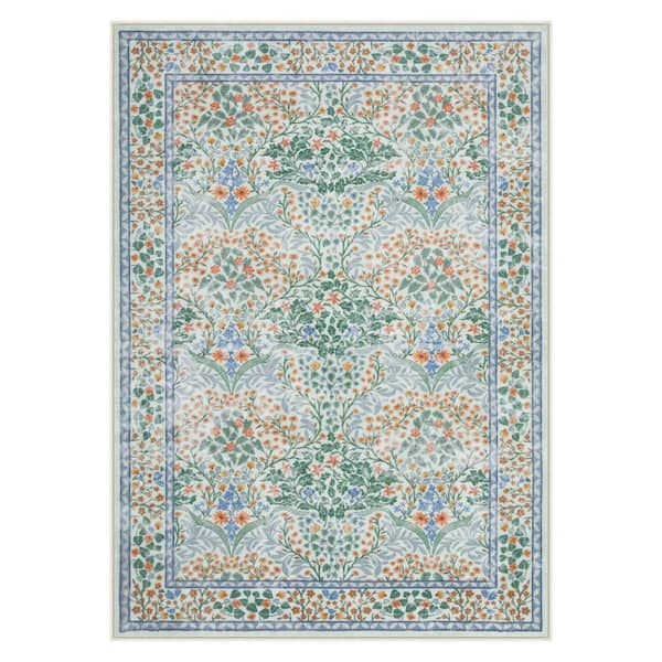 Boho Floral Botanical Washable Non Slip Light Green 5 ft. x 7 ft. Area Rug