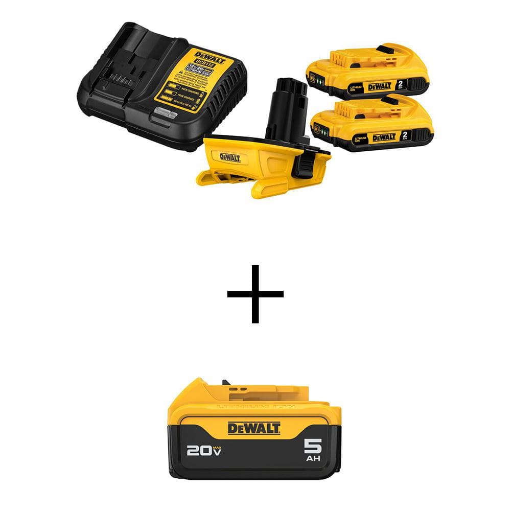 DEWALT 18V to 20V MAX Lithium-Ion Battery Adapter, Charger, (2) 2.0Ah Battery-Packs and 20V MAX 5.0Ah Battery