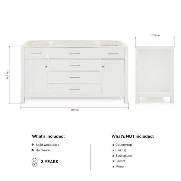 Bristol 60 in. W x 21.5 in. D x 34.5 in. H Freestanding Bath Vanity Cabinet without Top in White