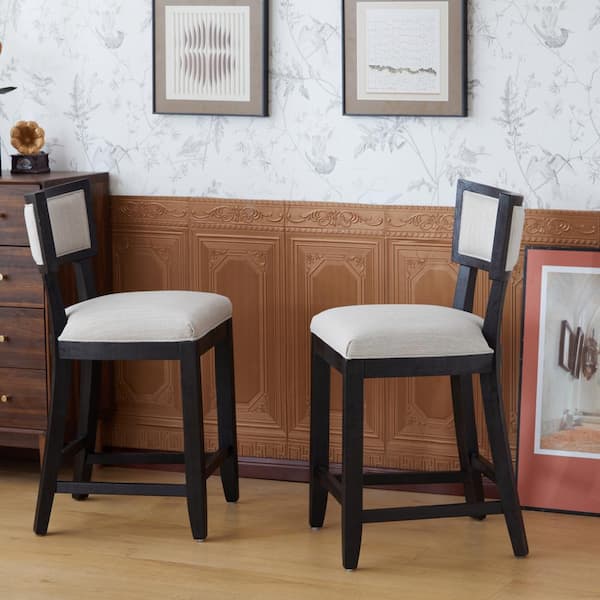 26.50 in. Black and Beige Upholstered Back Rubberwood Counter Stool, Set of 2