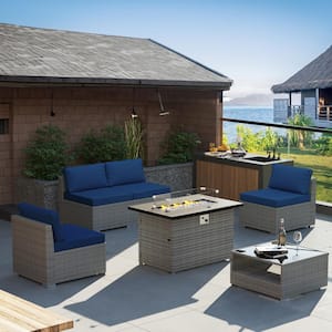 6-Piece Wicker Outdoor Patio Sectional Conversation Set with Blue Cushions and Fire Pit Table