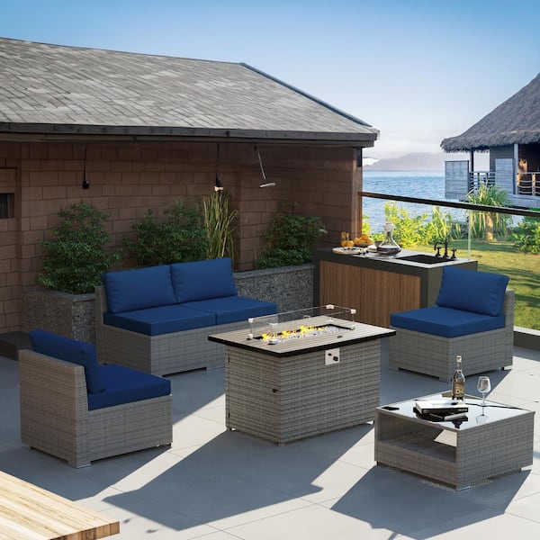 Gardenbee 6-Piece Wicker Outdoor Patio Sectional Conversation Set with Blue Cushions and Fire Pit Table