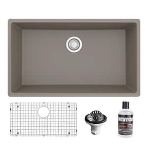 32.5 in. Large Single Bowl Undermount Kitchen Sink in Concrete with Bottom Grid and Strainer
