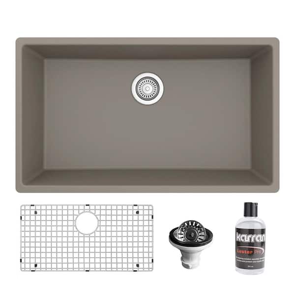 Karran 32.5 in. Large Single Bowl Undermount Kitchen Sink in Concrete with Bottom Grid and Strainer