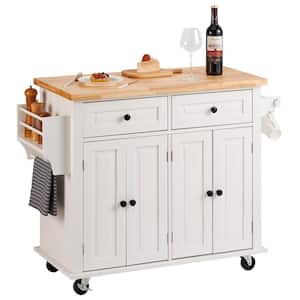 Kitchen Cart 35.4 in. Mobile Storage Cart with Solid Natural Wood Top, Rolling Kitchen Table, Portable on Wheels, White