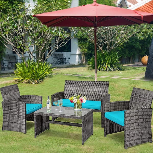 4-Pieces Patio Outdoor Rattan Conversation Furniture Set with Turquoise Cushion