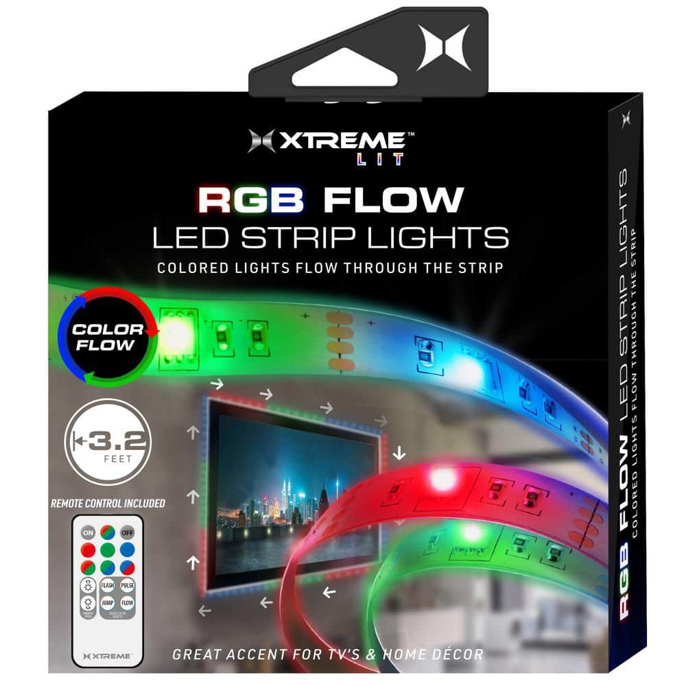XTREME 3.2 ft. Color-Changing Flow LED Strip Lights, Flashing Modes, Device Backlighting, Kitchen, Bedroom, Remote Control, USB -  XLB7-1056-RGB