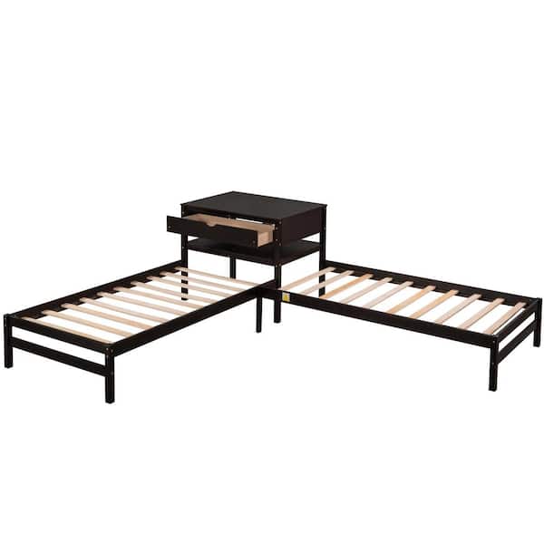 ANBAZAR Espresso Twin Size L-Shaped Platform Beds with 1-Drawer, Wooden 2 Kids Brown Platform Bed Frame with Rectangle Table