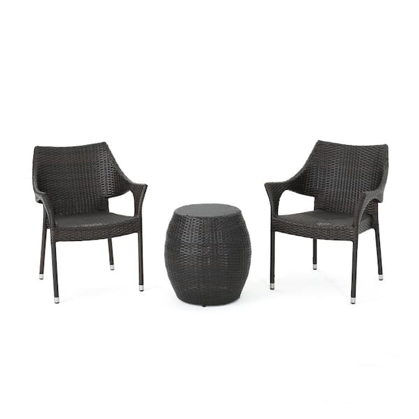 Noble House Rhea Multi-Brown 3-Piece Faux Rattan Outdoor Patio Conversation Set with Stacking Chairs