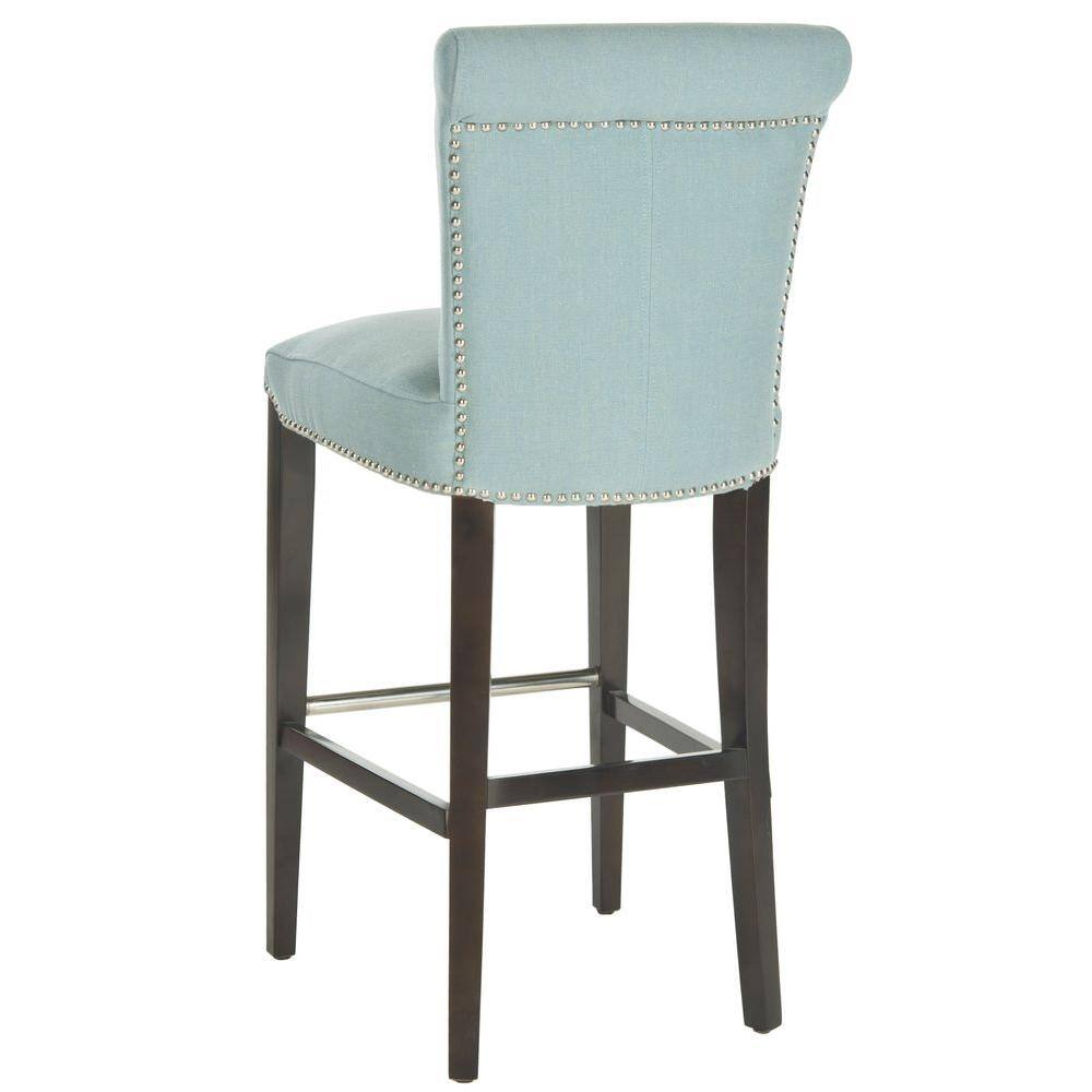 Transitional Sky Blue Leather & Wood Bar Stool with Metal Accents