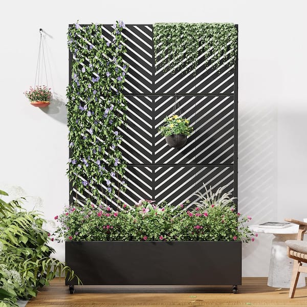 72 in. x 47 in. Black Outdoor Metal Privacy Screen Raised Planter Box Wall Decor