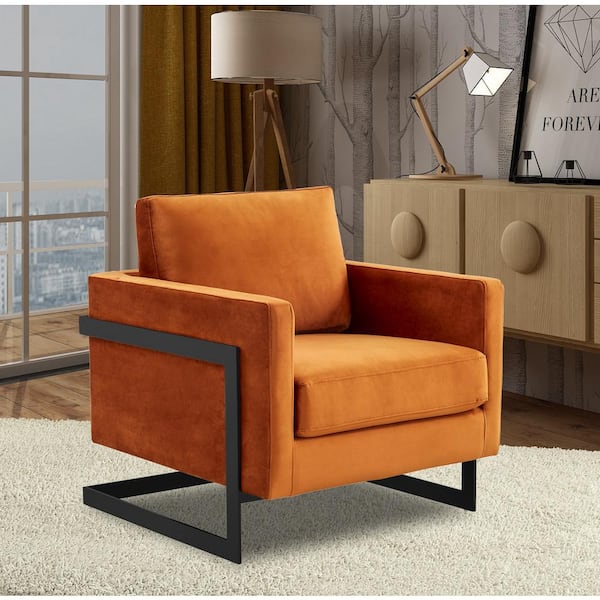 Leisuremod Lincoln Mid-Century Modern Upholstered Velvet Accent Arm Chair with Black Steel Frame in Orange