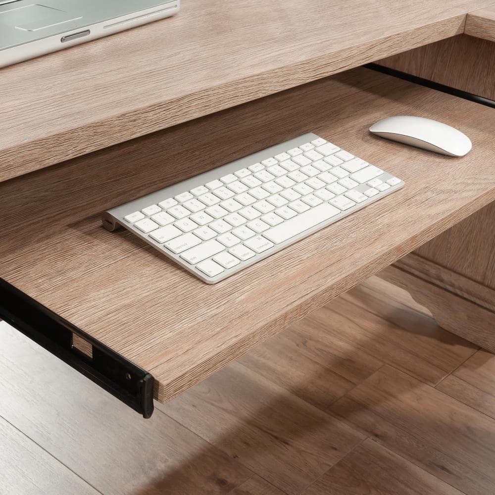 Brushed Oak L-Shaped Executive Desk with Drawers and Keyboard Tray