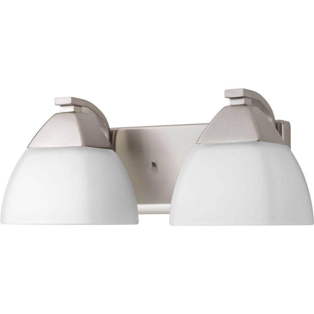Brushed Nickel 2-Light Bath Vanity with Etched White Glass Shades