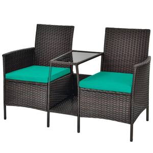 Brown Wicker Outdoor Patio Conversation Loveseat with Turquoise Green Cushions and Center Table