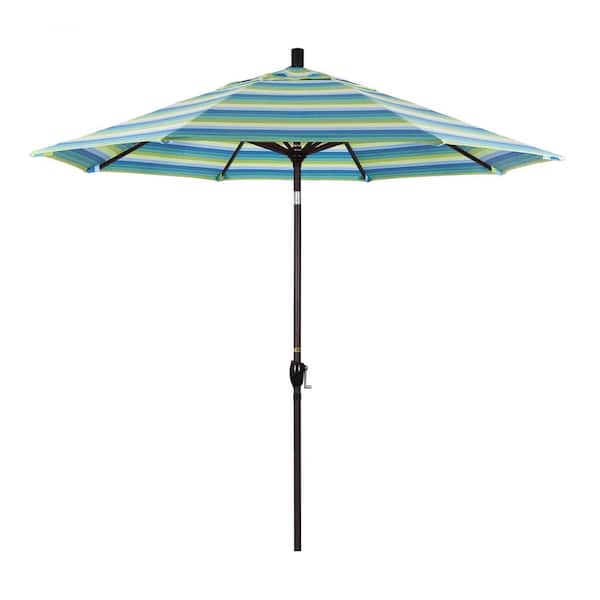 California Umbrella 9 ft. Bronze Aluminum Pole Market Aluminum Ribs Push Tilt Crank Lift Patio Umbrella in Seville Seaside Sunbrella