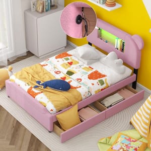 Pink Wood Frame Full Berber Fleece Upholstered Platform Bed with Cartoon Ears Shaped Headboard, LED, USB, 2-Drawer