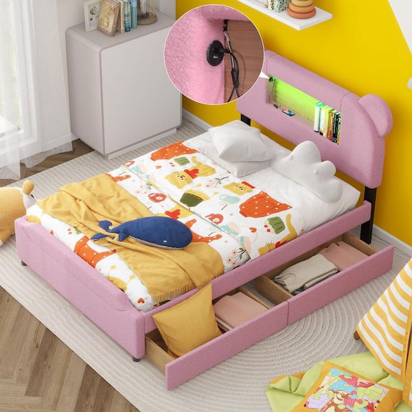 Harper & Bright Designs Pink Wood Frame Full Berber Fleece Upholstered Platform Bed with Cartoon Ears Shaped Headboard, LED, USB, 2-Drawer