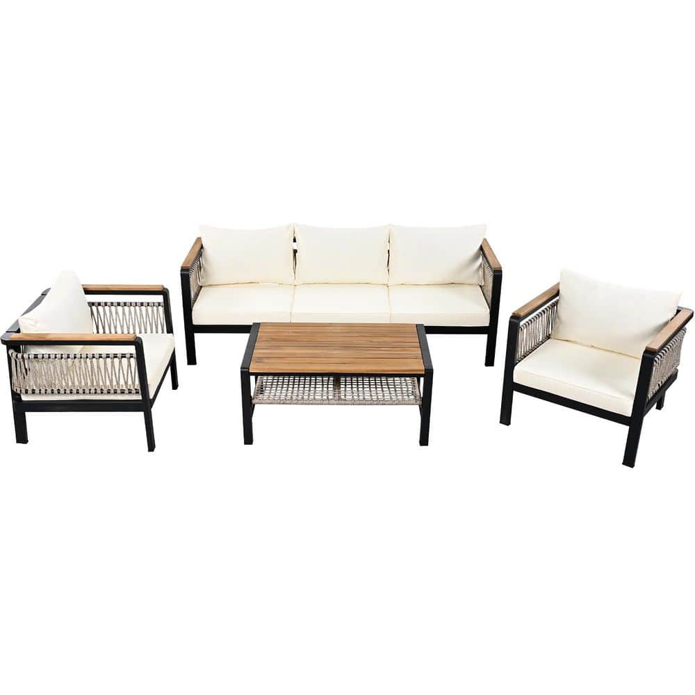 4-Piece Metal Cast Iron Outdoor Sectional Sofa Set with Beige Cushions and 