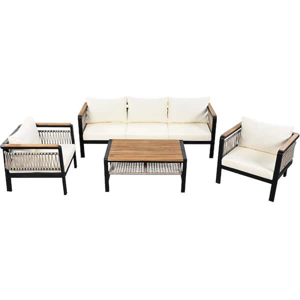 4-Piece Metal Cast Iron Outdoor Sectional Sofa Set with Beige Cushions and Coffee Table
