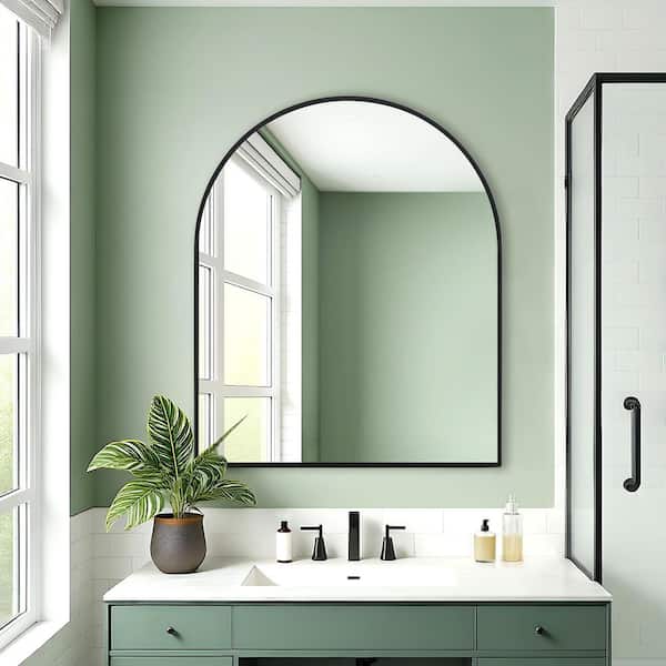 30 in. W x 36 in. H Modern Arched Metal Framed Wall Mounted Bathroom Vanity Mirror in Black