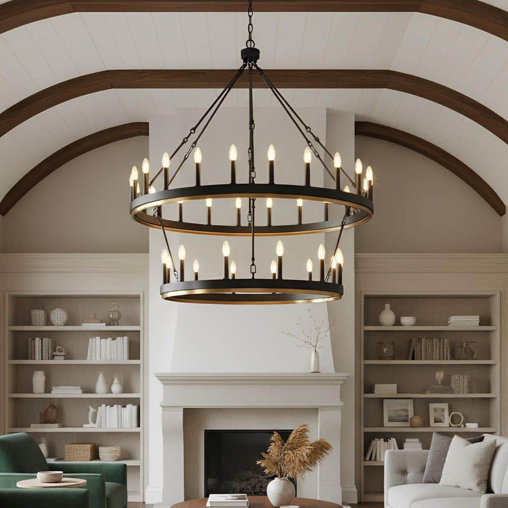 YANSUN 47 in. 36-Light 2-Tier Large Black Farmhouse Wagon Wheel
