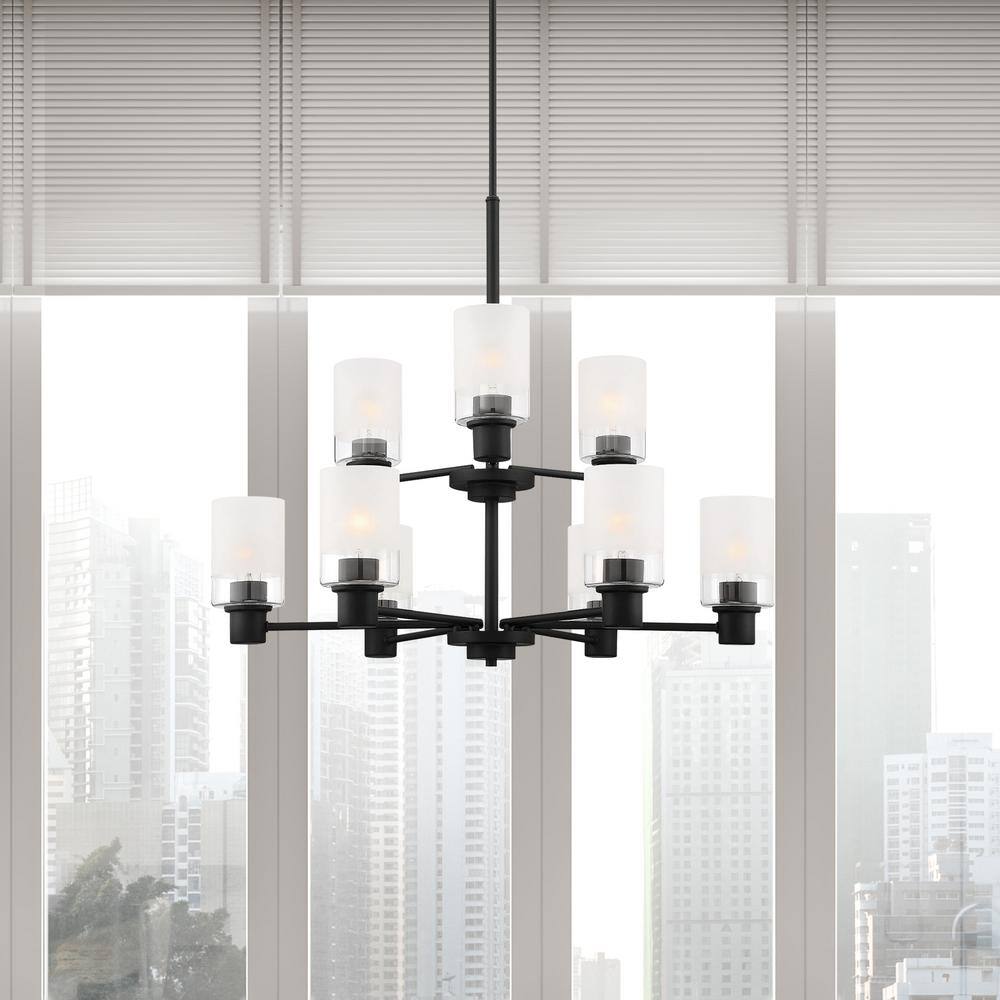 Matte Black 9-Light Chandelier with Clear and Etched Glass