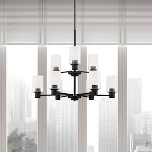 Cedar Lane 9-Light Modern Matte Black Chandelier with Clear Etched Glass Shades For Dining Rooms