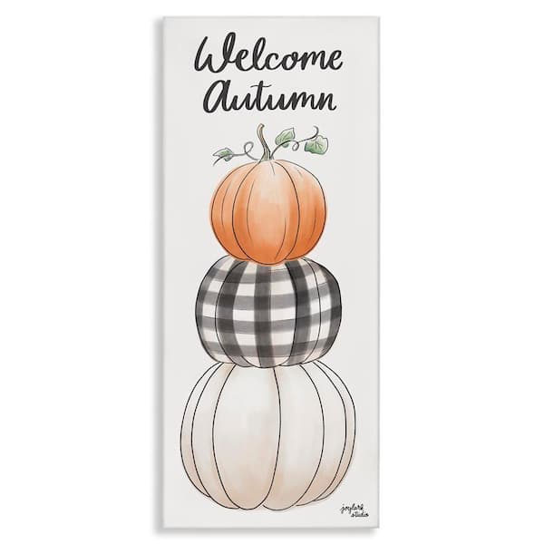Stupell Industries Welcome Autumn Seasonal Tartan Pumpkin Patterns by Jess Baskin Unframed Graphic Typography Art Print 30 in. x 13 in.