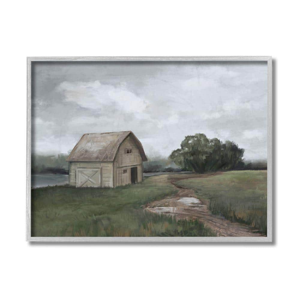 Cloudy Barn Landscape on Canvas with Gray Frame, 16 x 20