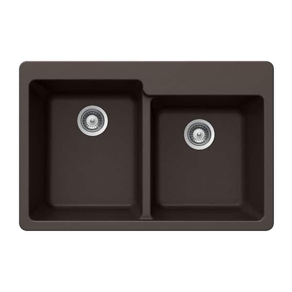 HOUZER Quartztone Drop-In Composite Granite 33 in. 2-Hole Double Bowl Kitchen Sink in Mocha