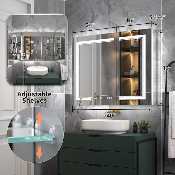 Deluxe 40 in. W x 32 in. H Rectangular Recessed/Surface Mount Medicine Cabinet with Mirror, Backlit and Front Light