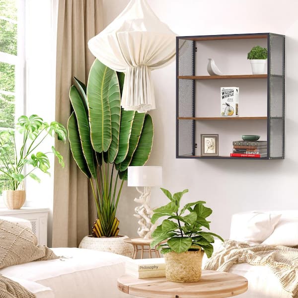 Unbranded 30 in. W x 11 in. D Retro Brown MDF 3-Tier Decorative Wall Shelf Storage Rack with Black Iron Frame, Easy Assembly