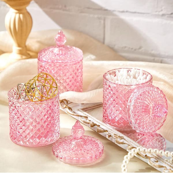 4-Piece Pink Diamond Design Crystal Glass Decorative Storage Jars Set with Lids for Home Organizing