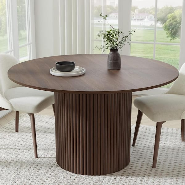 Cylindrical Walnut Coloured Wood 52 in. Column Base Dining Table for 6